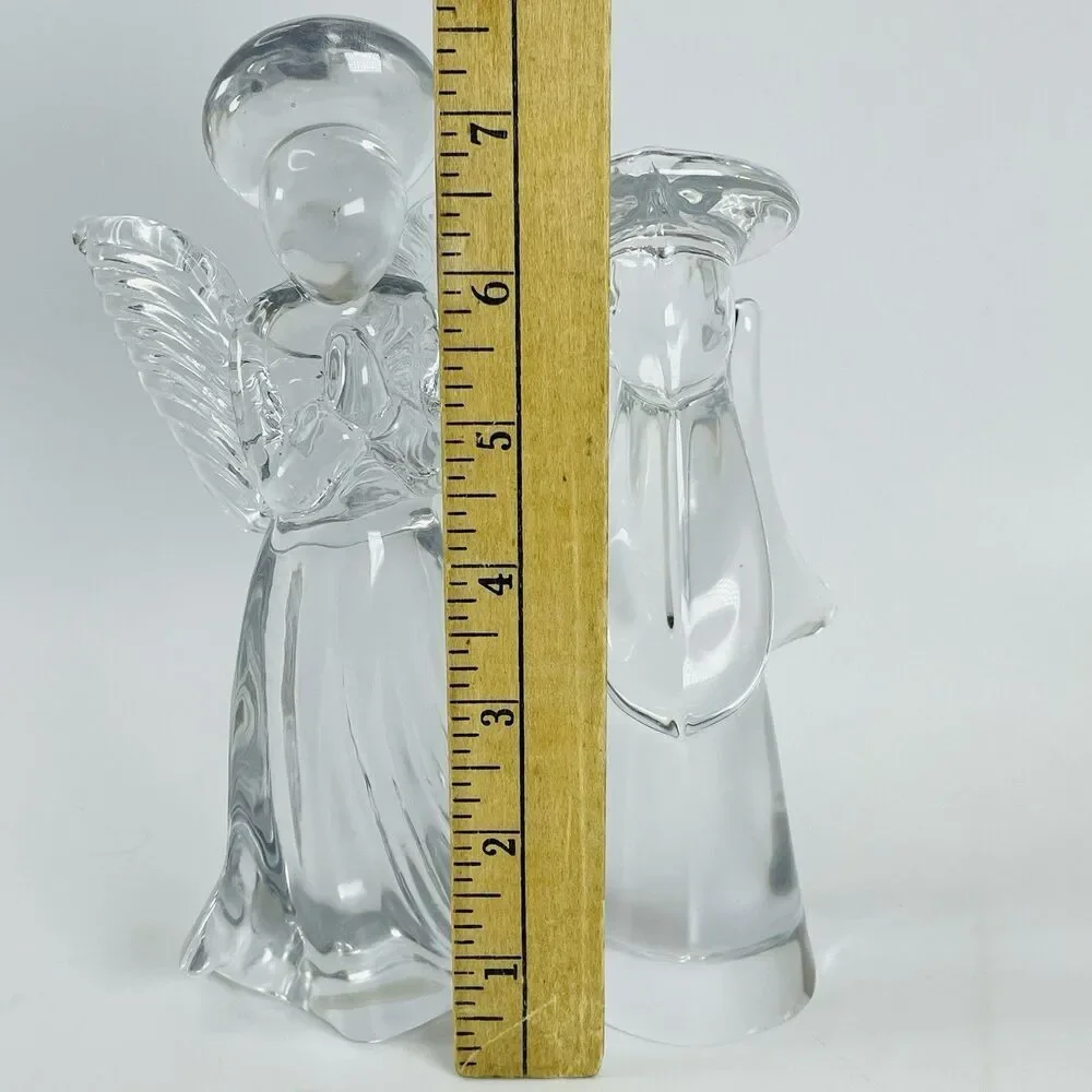 Pair Vtg Heavy Clear Glass Angel Figurine 7.5